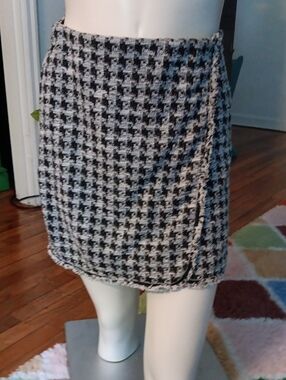 Max Studio Black and White Houndstooth Faux Wrap Mini Skirt